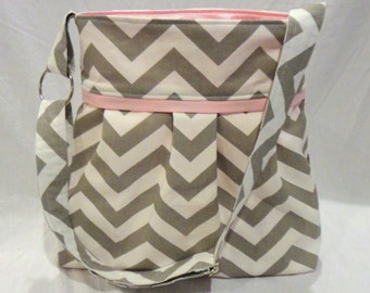 Grey Chevron diaper bag with WATERPROOF lining. Bottle pockets with choice of lining color.
