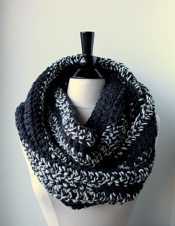 Chunky grey and white crochet infinity scarf 100% wool