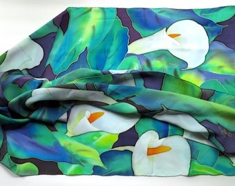 silk scarf Calla lily flowers. Pure silk Hand painted silk scarf blue, green, white painted silk. Batik silk scarves handpainted silk READY