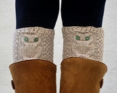 Owl Boot Cuffs, Beige Boot Toppers, Knit Boot Cuff Sock. Owl with Green Eyes.