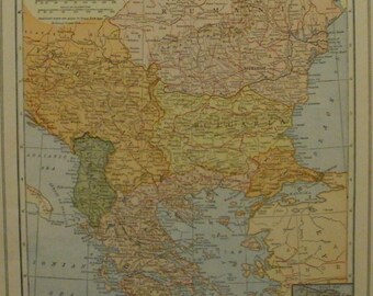 Balkans Map,Balkan States Map,Constantinople Bulgaria Albania Greece,Map in Europe,Europe Map Art,Place on the World Map,1927 8"x10" vs18