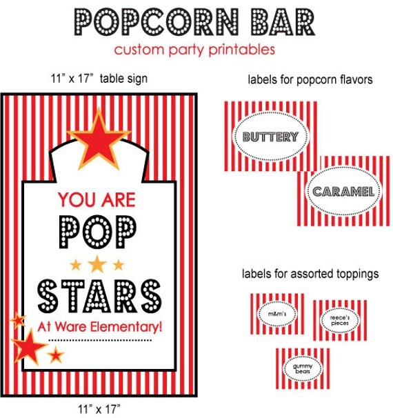 CUSTOM POP STARS Popcorn Bar party printables