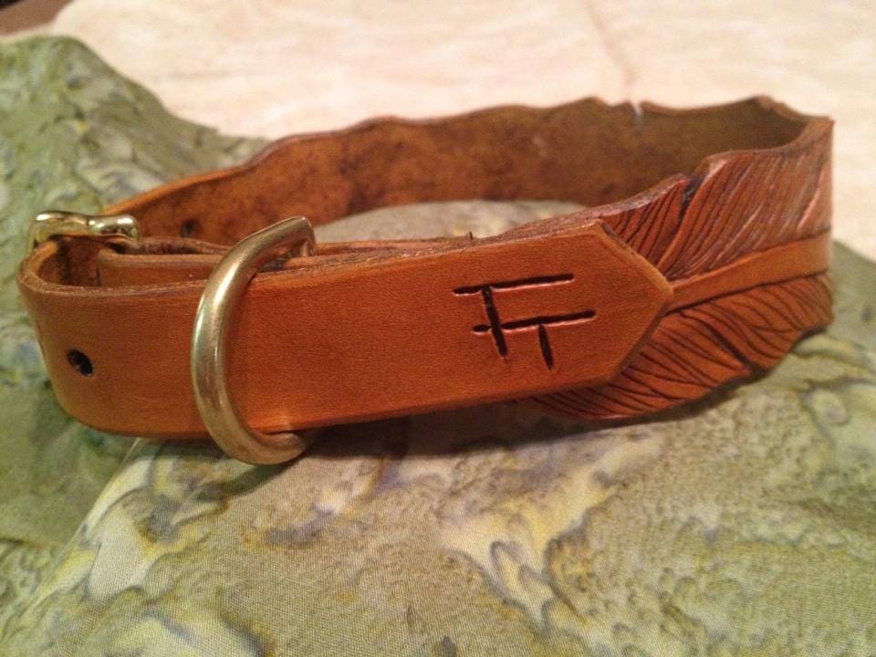 Feather Hand Tooled Leather Dog Collar