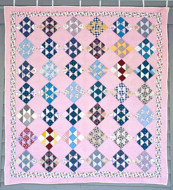 vintage-1930s-scrappy-quilt-nine-patch-on-point-hand-pieced