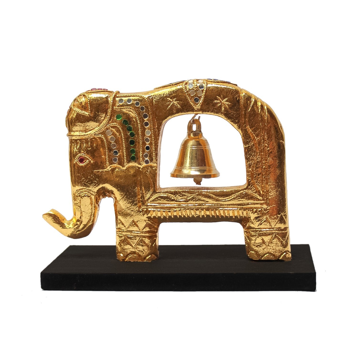 Jeweled Elephant Sculpture with Brass Bell. Wooden by SiamSawadee