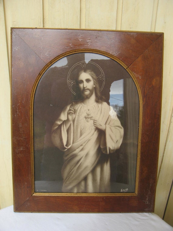 Vintage Religious Print of Jesus Black and White Framed L
