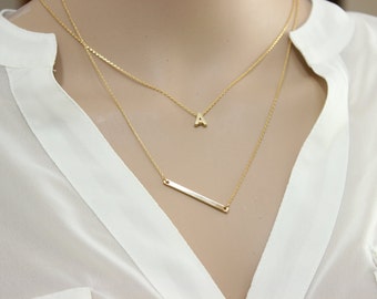 Silver version available, Double Strand Initial Bar Necklace, Monogram Necklace, Personalize Necklace, Letter Necklace, Layer Necklace