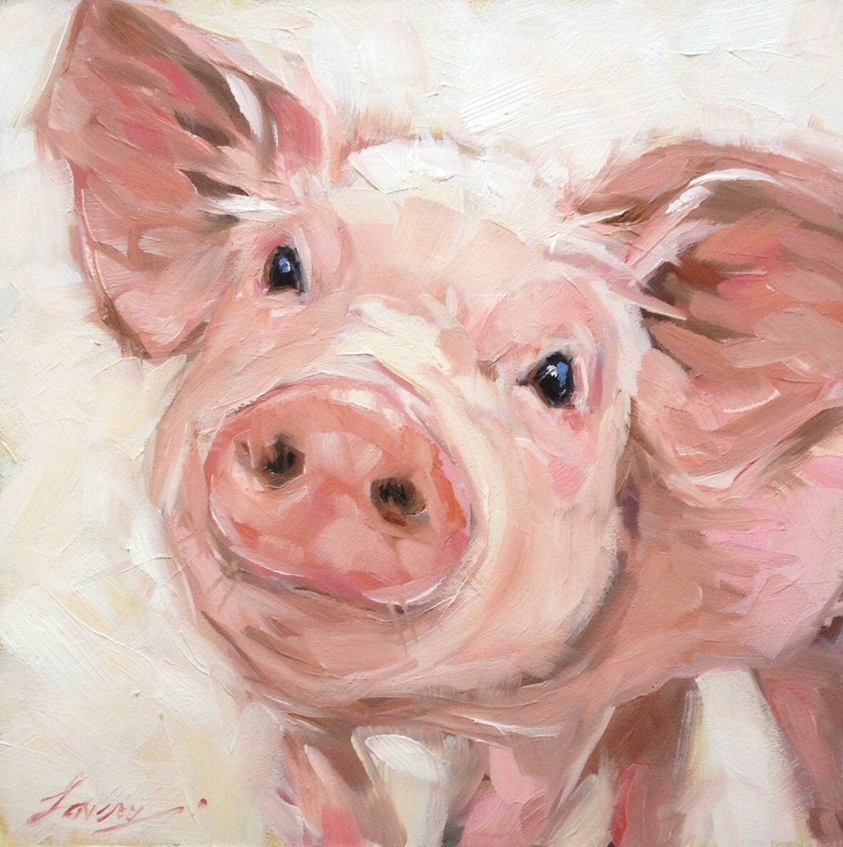 6x6 inch impressionistic Pig painting, original oil painting of a sweet