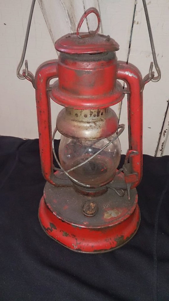 Old Red Oil Lamp with Clear Glass by RuggedcupboardFINDS on Etsy