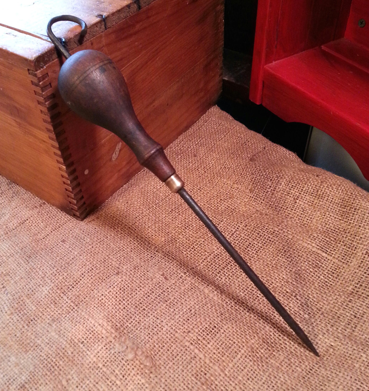 Antique Wood Handle Ice Pick with Brass Ferrule & Hanging Hook