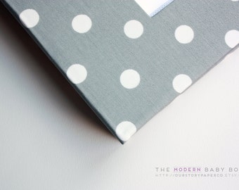 Free shipping. MODERN Baby Book // Grey and White Polka Dot Cover // Baby Scrapbook. Baby Keepsake. Memory book. Shower present