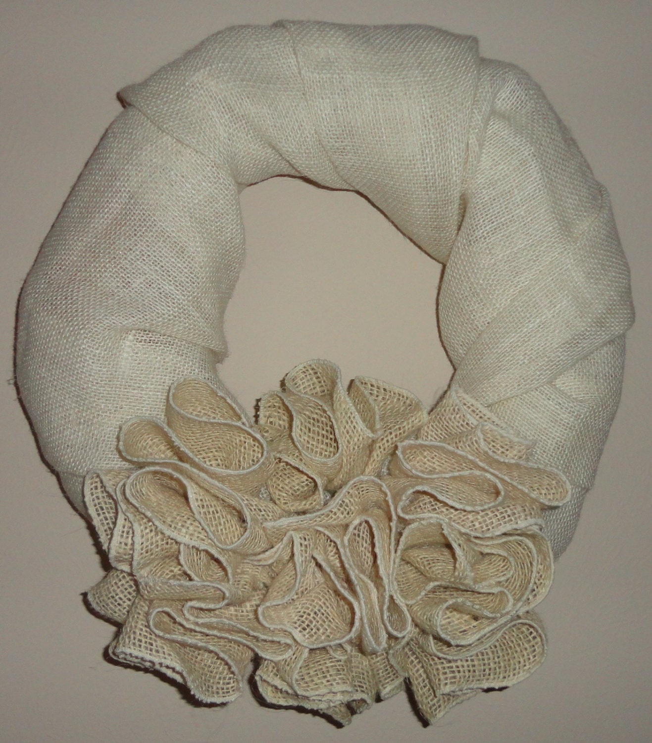 Hand Made 14" Creamy White Burlap Wreath With Burlap Bows/Flowers