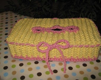 Crochet Tissue Box Cover with accent color on edges (Color: Yellow with Pink trim)