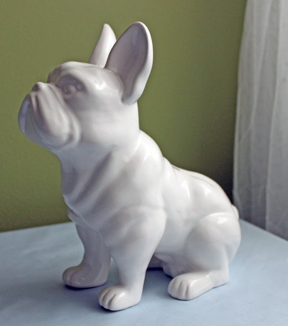Porcelain Dog Bank. Statuette of French Bulldog in White