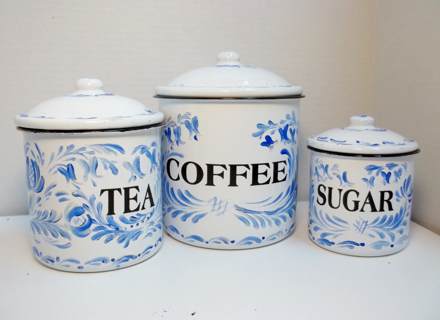 Vintage White Enamelware Canister Set Hand Painted
