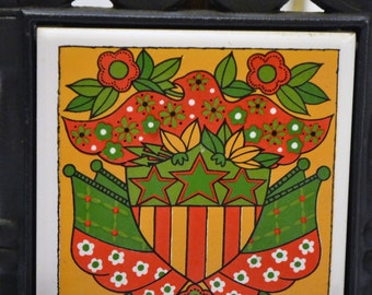 Vintage Cast Iron Trivet Ceramic Tile Bald Eagle Americana Orange Yellow Red Green Japan Retro Kitchen DecorPanchosporch