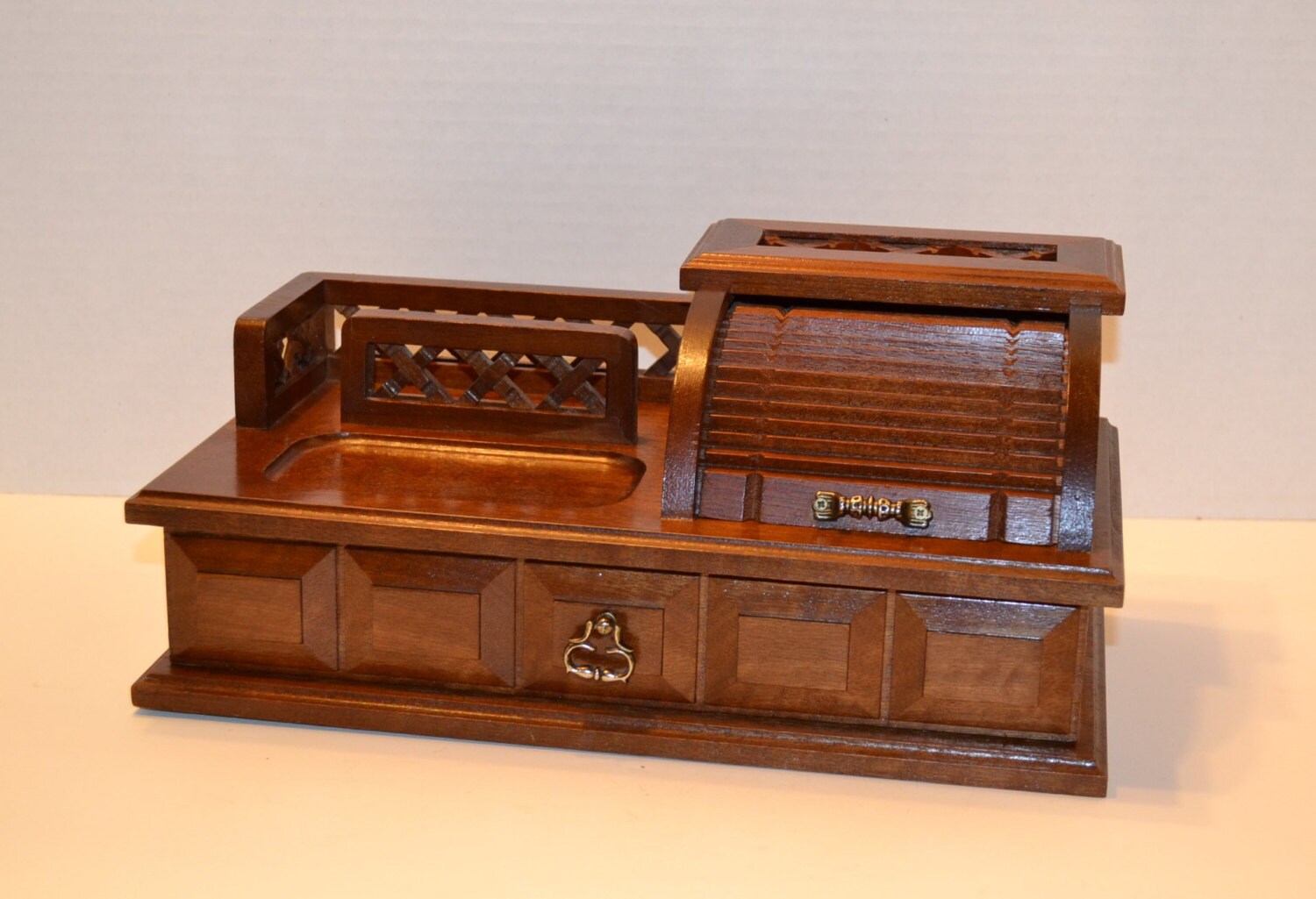 Vintage Wood Jewelry Box Roll Top Desk Men's Dresser