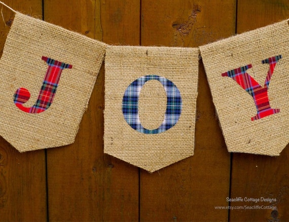 Joy Christmas Banner Burlap Red Blue Green Plaid Tartan Fabric Rustic Plaid Garland Bunting Christmas Decoration Photo Prop