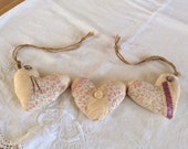 Shabby vintage quilted heart trio, primitive heart,  wedding hearts, mothers day gift, cottage chic heart, trinityridgefarm, OFG team