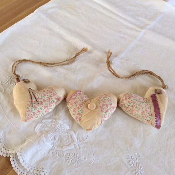 Shabby vintage quilted heart trio, primitive heart,  wedding hearts, mothers day gift, cottage chic heart, trinityridgefarm, OFG team