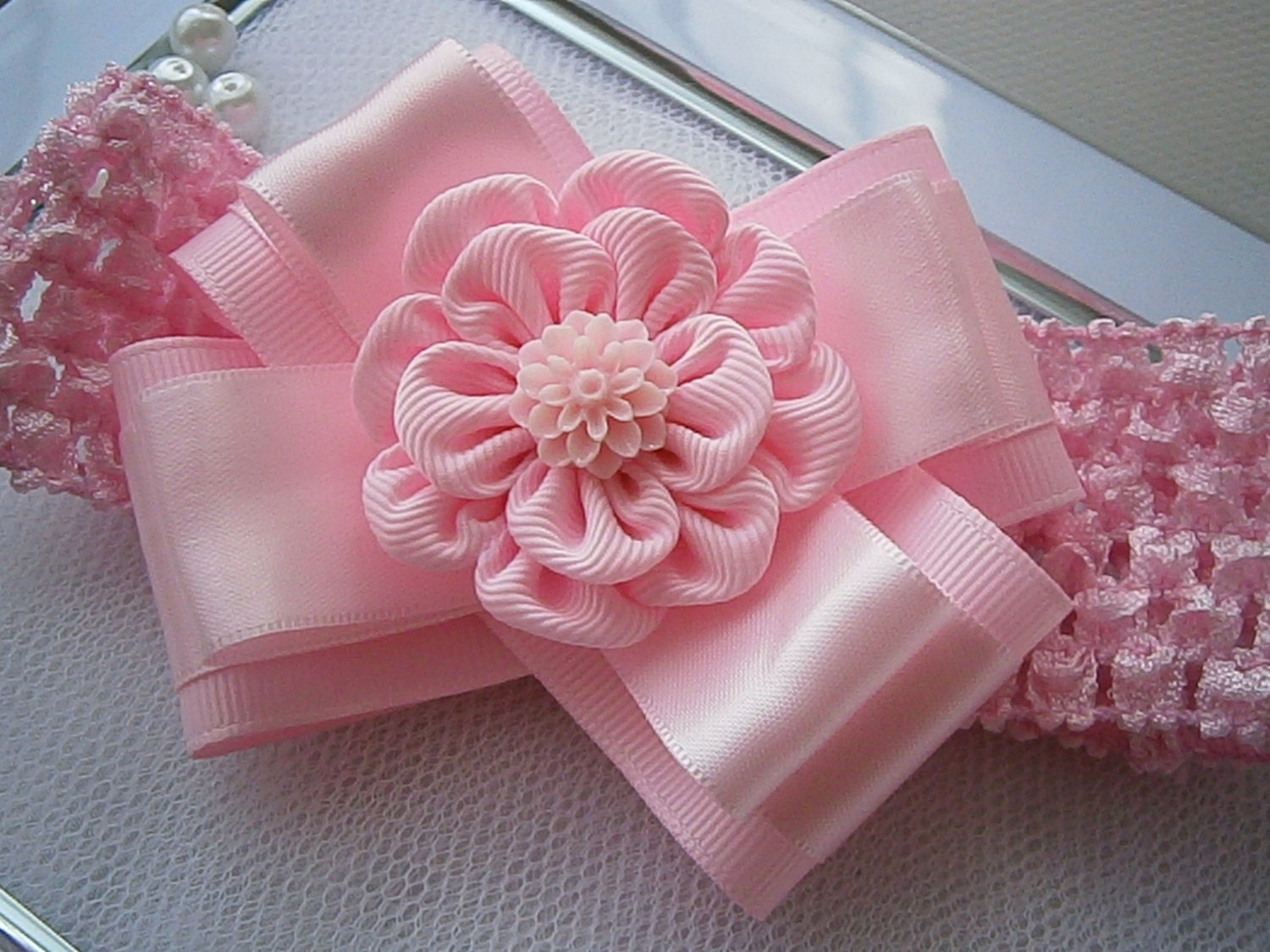 Crochet headband with Kanzashi flower bow/ elastic stretchy