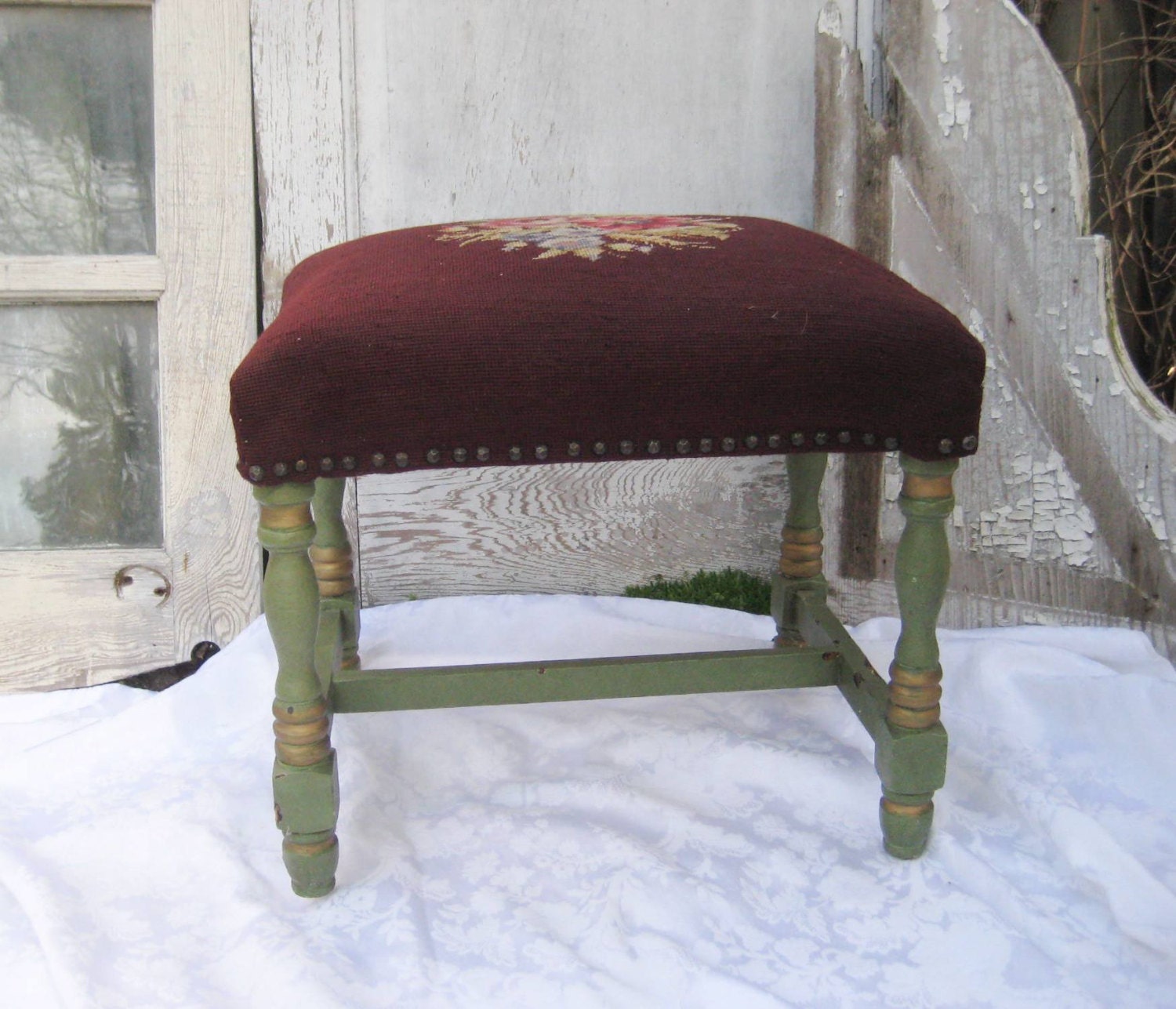 Vintage needlepoint bench piano bench eggplant moss green