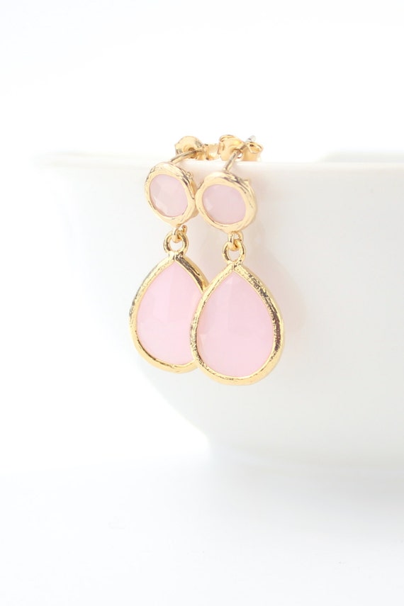 Blush Pink / Gold Teardrop Post Earrings Two Piece Earrings