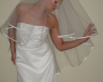 Wedding veil Oval cut gather center top 2 layers with 1/4" folded satin ribbon 30/42".