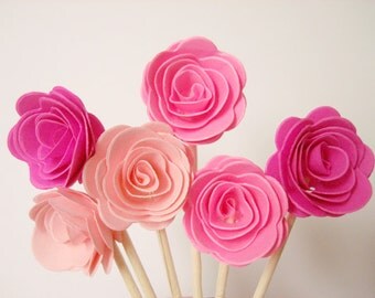 Set of 24Pcs - 3D 'ROSE ' Party Picks, Cupcake Toppers, Toothpicks, Food Picks (Baby Pink, Shocking Pink, Hot Pink)
