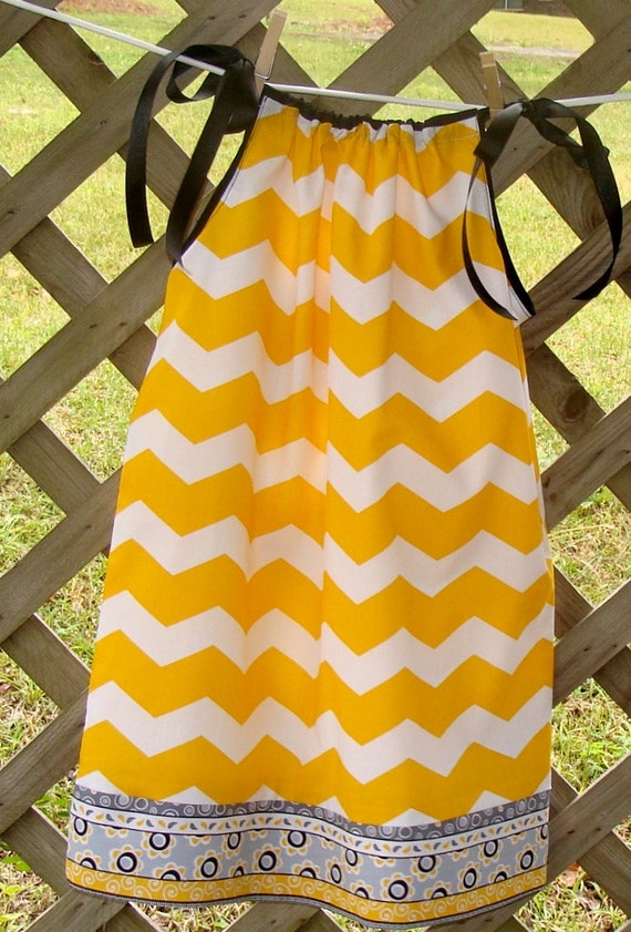 Yellow Chevron with Gray Floral/Abstract Print by AlaBellaBoutique