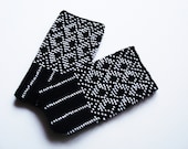 Black knit fingerles gloves beaded Knit Fingerless Mittens Knit Hand Warmers Knit Wrist Warmers glamour accessories by LinenWoolRainbow
