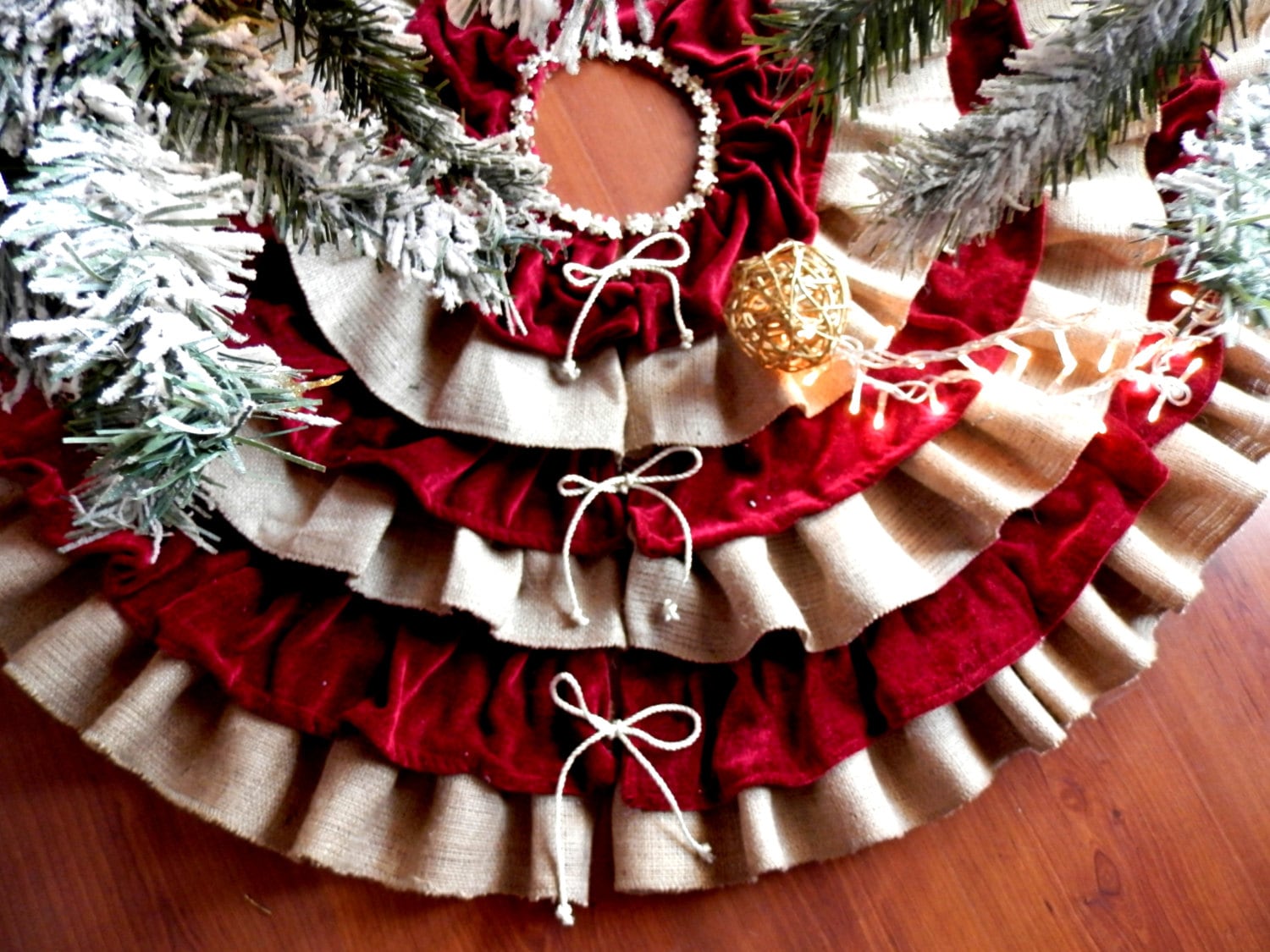 Christmas tree skirt Velvet Red Burgundy 44 in 52 by MadeInBurlap