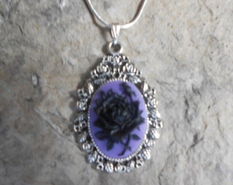 Stunning Black Rose (on a purple background) Cameo Pendant Necklace---.925 plated 22" Chain--- Great Quality