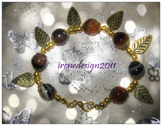 Handmade Gold Bracelet with Striped Agate & Leaves by IreneDesign2011