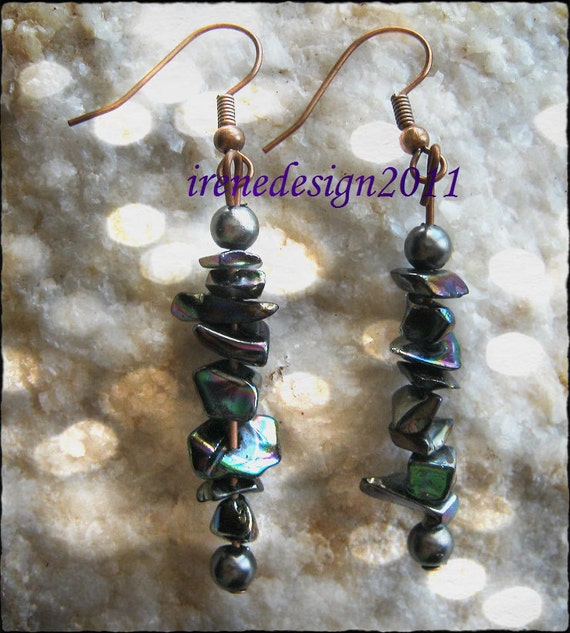 Handmade Copper Hook Earrings with Rainbow Obsidian & Black Pearl by IreneDesign2011