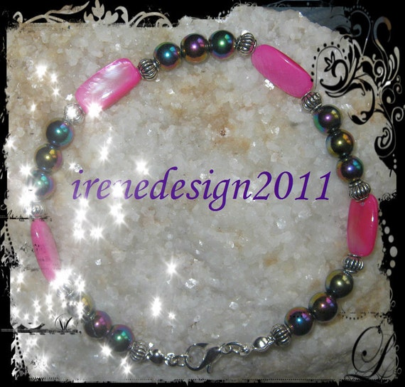 Beautiful Handmade Silver Bracelet with Pink Shell & Magnetite by IreneDesign2011