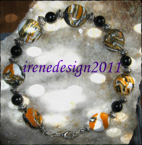 Handmade Silver Bracelet with Striped Gemstones & Black Onyx by IreneDesign2011