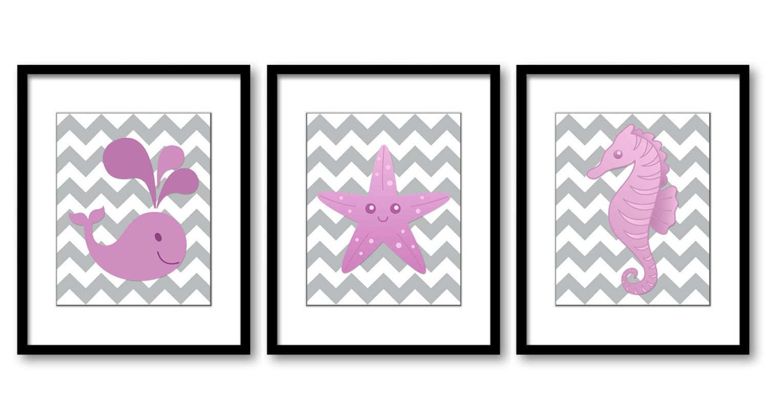 Pink Sea Animals Nursery Art Nursery Print Baby Art Print Set of 3 Whale Starfish Sea horse Pink Gir