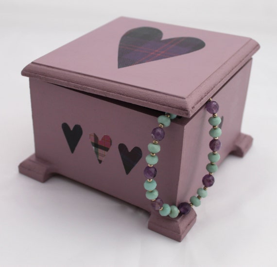 Wooden Jewellery Box - Lilac / Purple with Tartan Heart Design