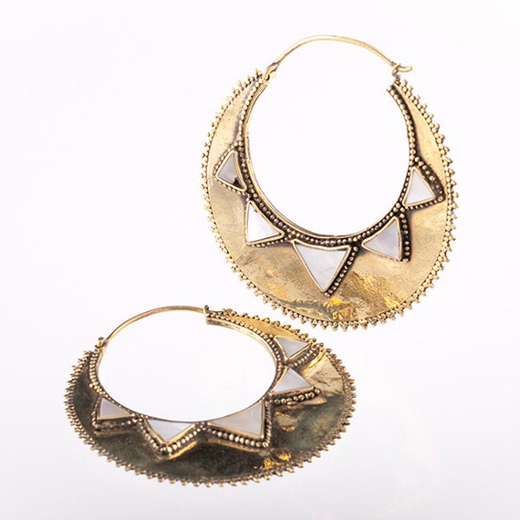 African Inspired Brass Hoop Earrings With Shell Inlay by TRIBALIK