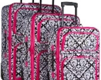 Three piece Luggage Set. Damask Print in Black, Pink or Purple