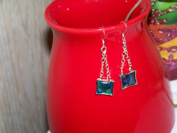 Earrings - Abalone Chained, Shell, Blue, Ocean, Silver Chain