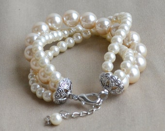 Champagne Pearl Bracelet,Glass Pearl Bracelet,Pearl Bracelet,Wedding Bracelet,3 rows pearl bracelet,Bridesmaid Bracelet,Jewelry