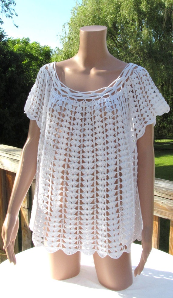 Crocheted White Cotton top loose top . by Renaixcrochet on Etsy