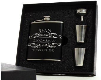 6 Personalized Flasks for Groomsmen // Gift Boxed Flask Sets with Shot Glasses and Funnels