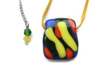 fused necklace,blue orange yellow green glass pendant necklace,blue orange and yellow fused necklace,colorful fused necklace,gift for her