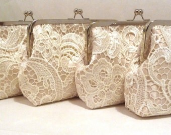 Lace Bridesmaid Clutch Set of 5, 6, or 7, Champagne Satin Personalized Lace Clutch, Bridesmaid Clutch, Lace Wedding Purse, 8 inch Clasp