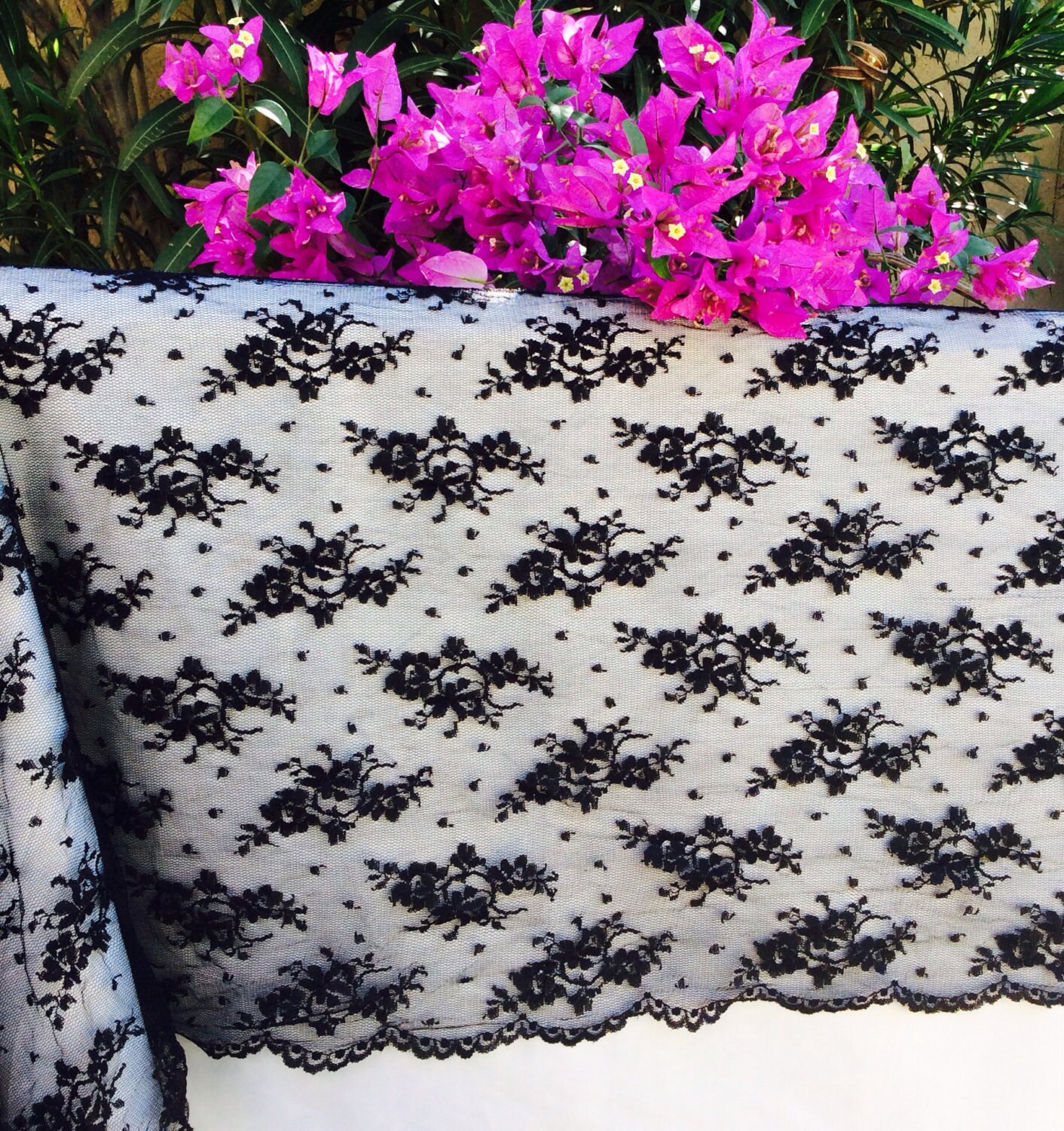 10ft Black Lace Overlay Tablecloth Vintage by LovelyLaceDesigns