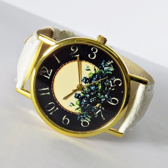 SALE! Floral Watch , Vintage Style Leather Watch, Women Watches, Blue ...