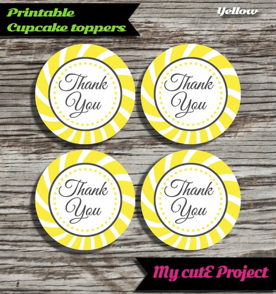 Thank you Cupcake toppers Yellow Instant Download